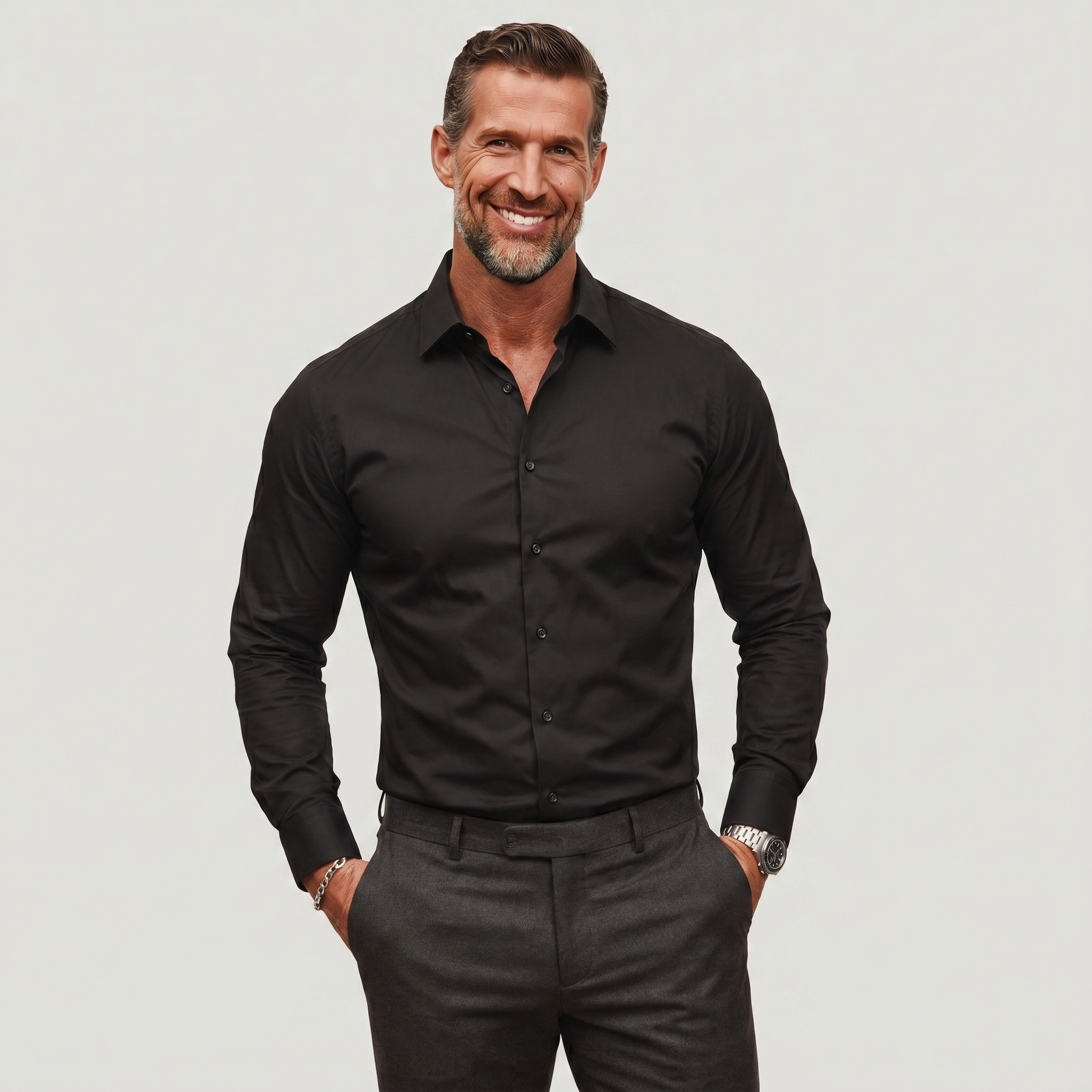 Black slim fit non-iron dress shirt for men with tailored look