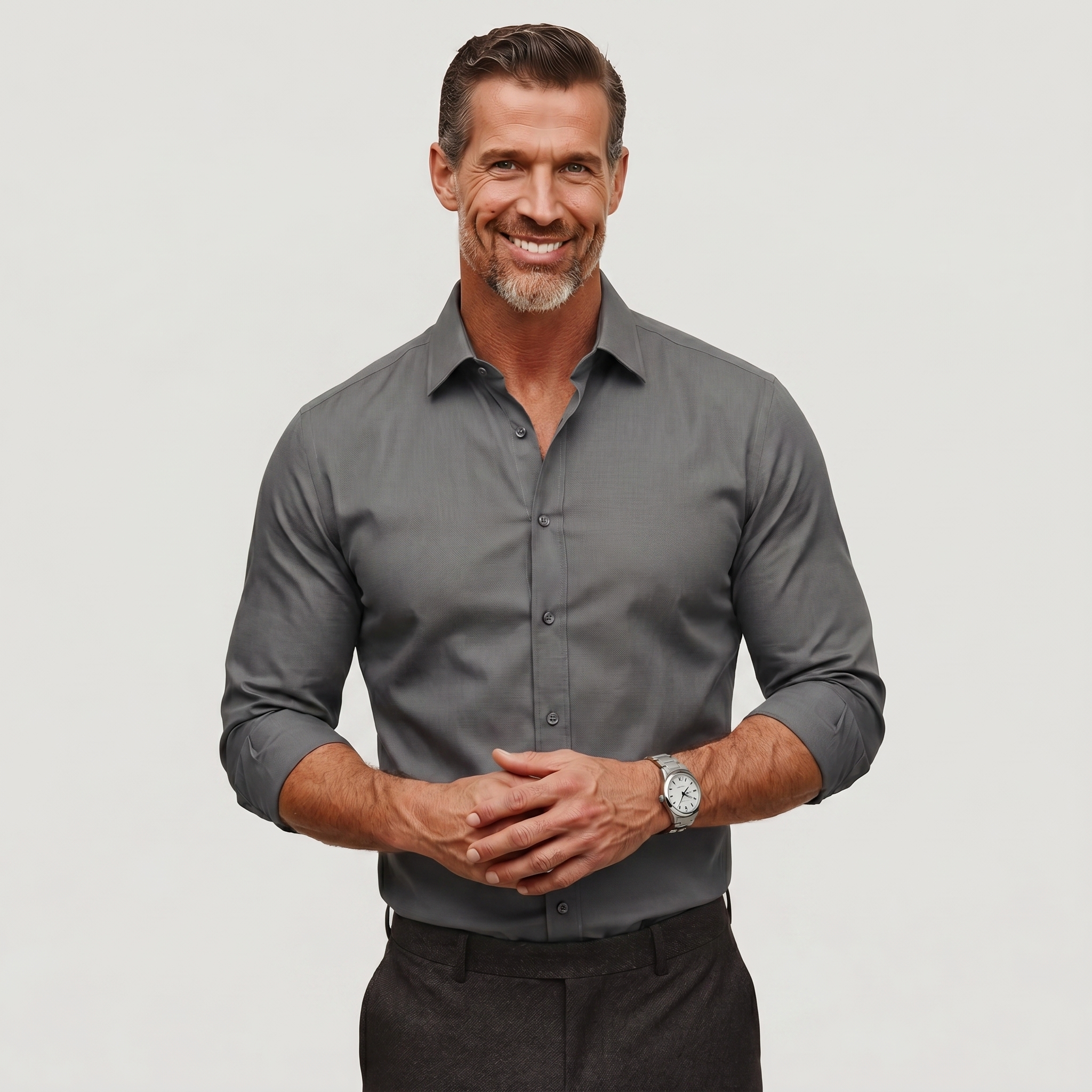 Gray men's structured collar dress shirt with black buttons