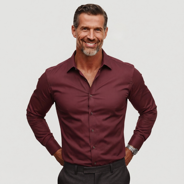 Burgundy slim fit men's non-iron shirt emphasizing tailored silhouette