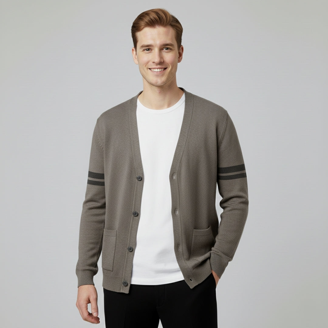 Men’s Stripe Pattern Cardigan with Ribbed Cuffs and Pockets