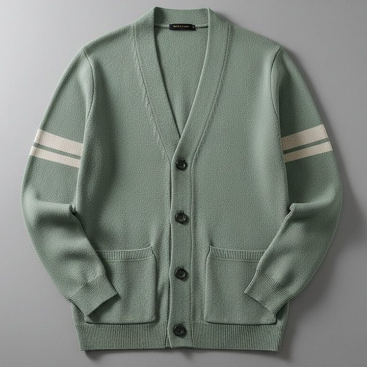 Men’s Stripe Pattern Cardigan with Ribbed Cuffs and Pockets