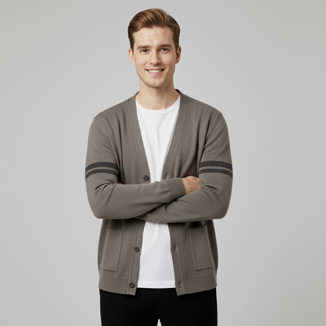 Men’s Stripe Pattern Cardigan with Ribbed Cuffs and Pockets