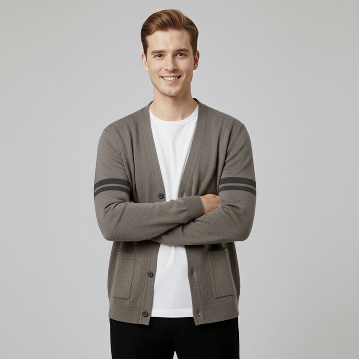 Men’s Stripe Pattern Cardigan with Ribbed Cuffs and Pockets