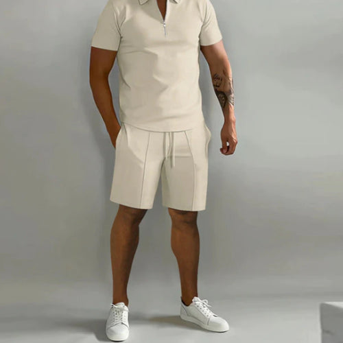 Men's Summer Short Sleeve Shirt and Shorts Set with Quarter Zip Design and Moisture-Regulating Fabric