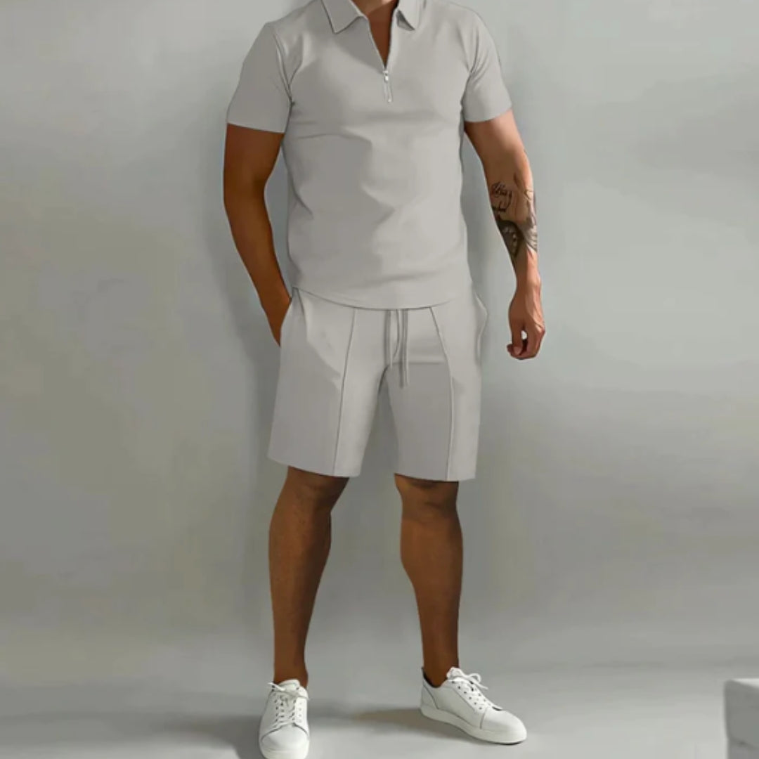 Men's Summer Short Sleeve Shirt and Shorts Set with Quarter Zip Design and Moisture-Regulating Fabric