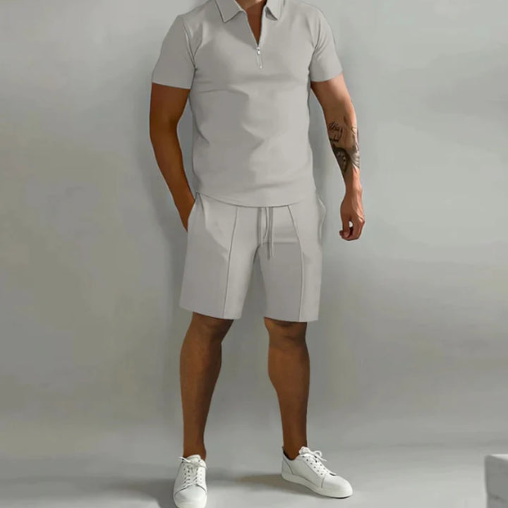Men's Summer Short Sleeve Shirt and Shorts Set with Quarter Zip Design and Moisture-Regulating Fabric