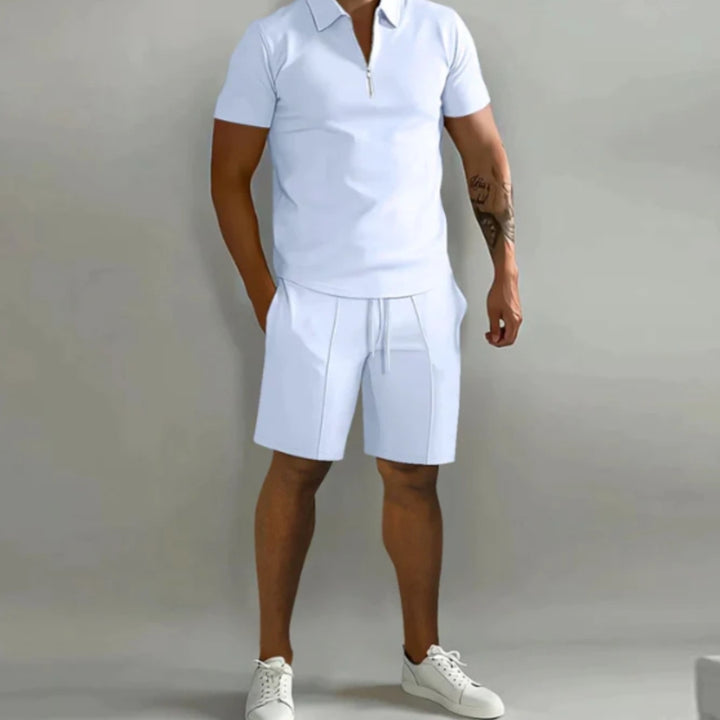 Men's Summer Short Sleeve Shirt and Shorts Set with Quarter Zip Design and Moisture-Regulating Fabric