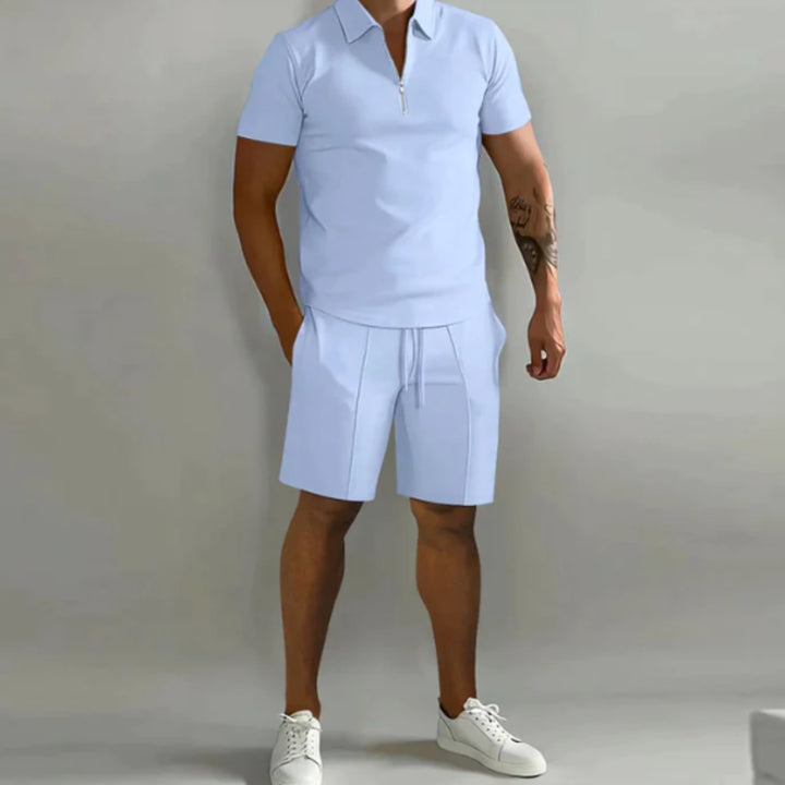 Men's Summer Short Sleeve Shirt and Shorts Set with Quarter Zip Design and Moisture-Regulating Fabric