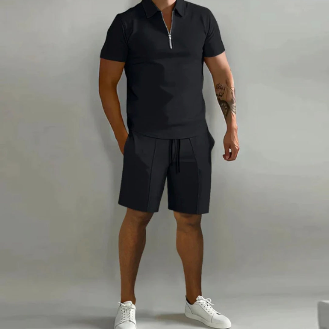Men's Summer Short Sleeve Shirt and Shorts Set with Quarter Zip Design and Moisture-Regulating Fabric