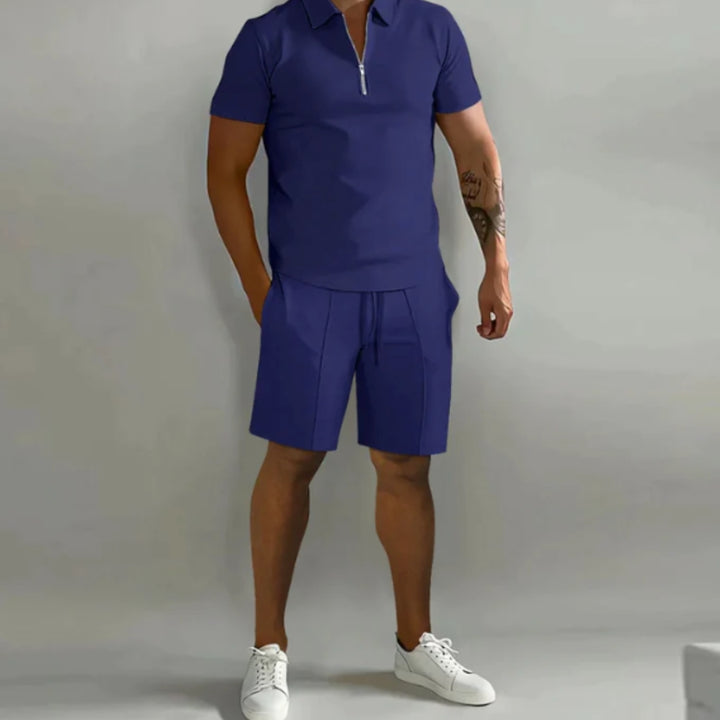 Men's Summer Short Sleeve Shirt and Shorts Set with Quarter Zip Design and Moisture-Regulating Fabric