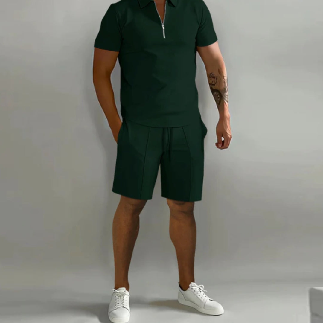 Men's Summer Short Sleeve Shirt and Shorts Set with Quarter Zip Design and Moisture-Regulating Fabric