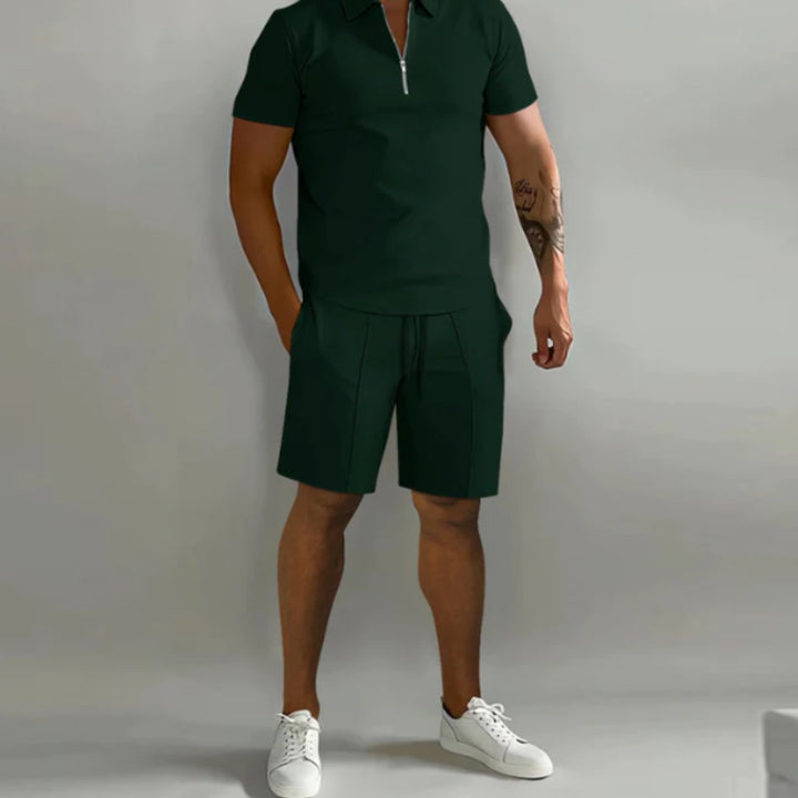 Men's Summer Short Sleeve Shirt and Shorts Set with Quarter Zip Design and Moisture-Regulating Fabric