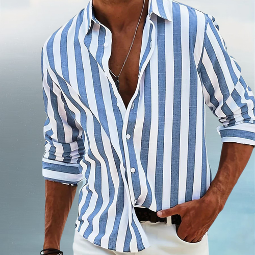 Men’s Summer Striped Shirt – Light Blue Linen Blend with Relaxed Fit