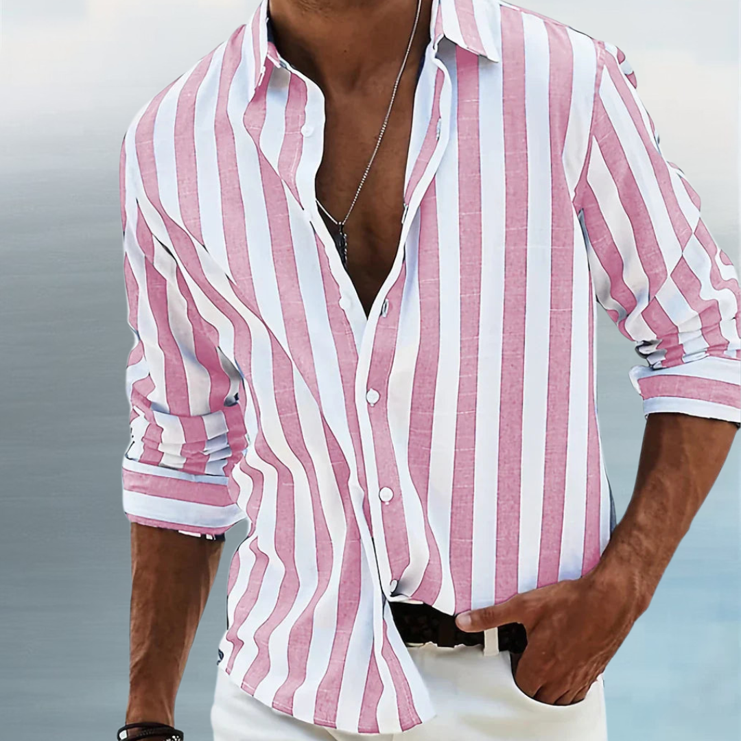 Men’s Summer Striped Shirt – Light Blue Linen Blend with Relaxed Fit