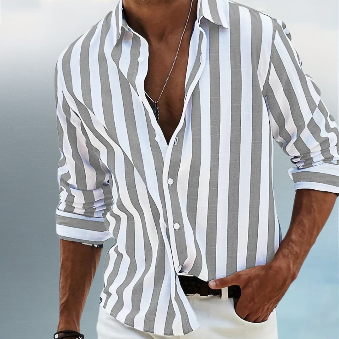 Men’s Summer Striped Shirt – Light Blue Linen Blend with Relaxed Fit