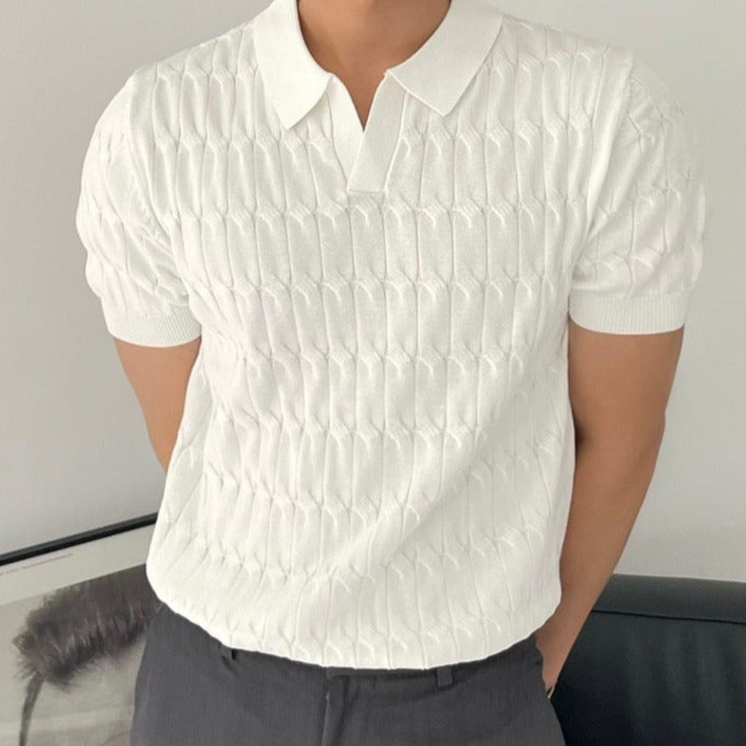 Men’s Textured Polo Shirt – Elegant Fit with V Neck and Short Sleeves