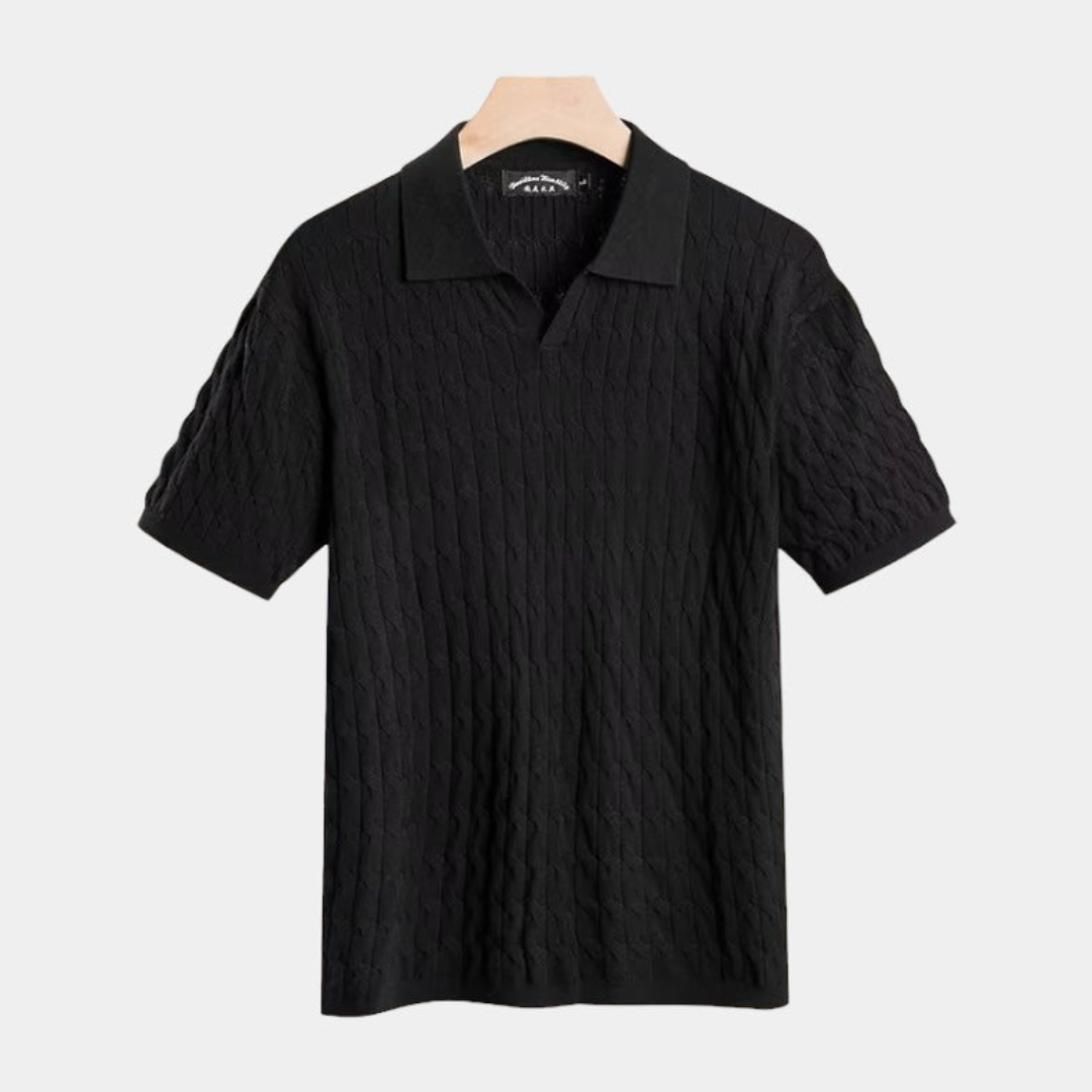 Men’s Textured Polo Shirt – Elegant Fit with V Neck and Short Sleeves