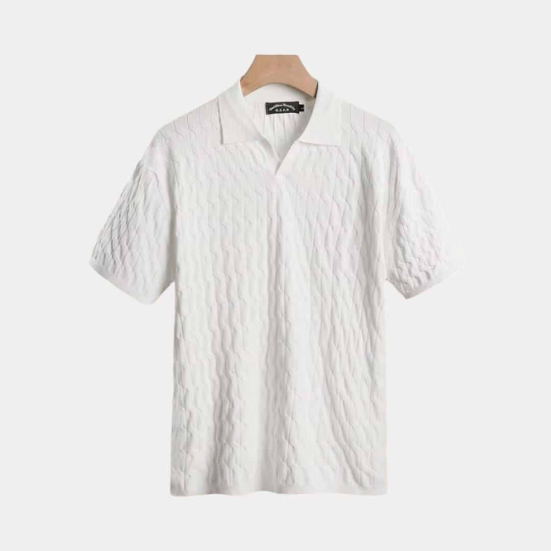 Men’s Textured Polo Shirt – Elegant Fit with V Neck and Short Sleeves