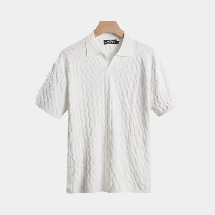 Men’s Textured Polo Shirt – Elegant Fit with V Neck and Short Sleeves