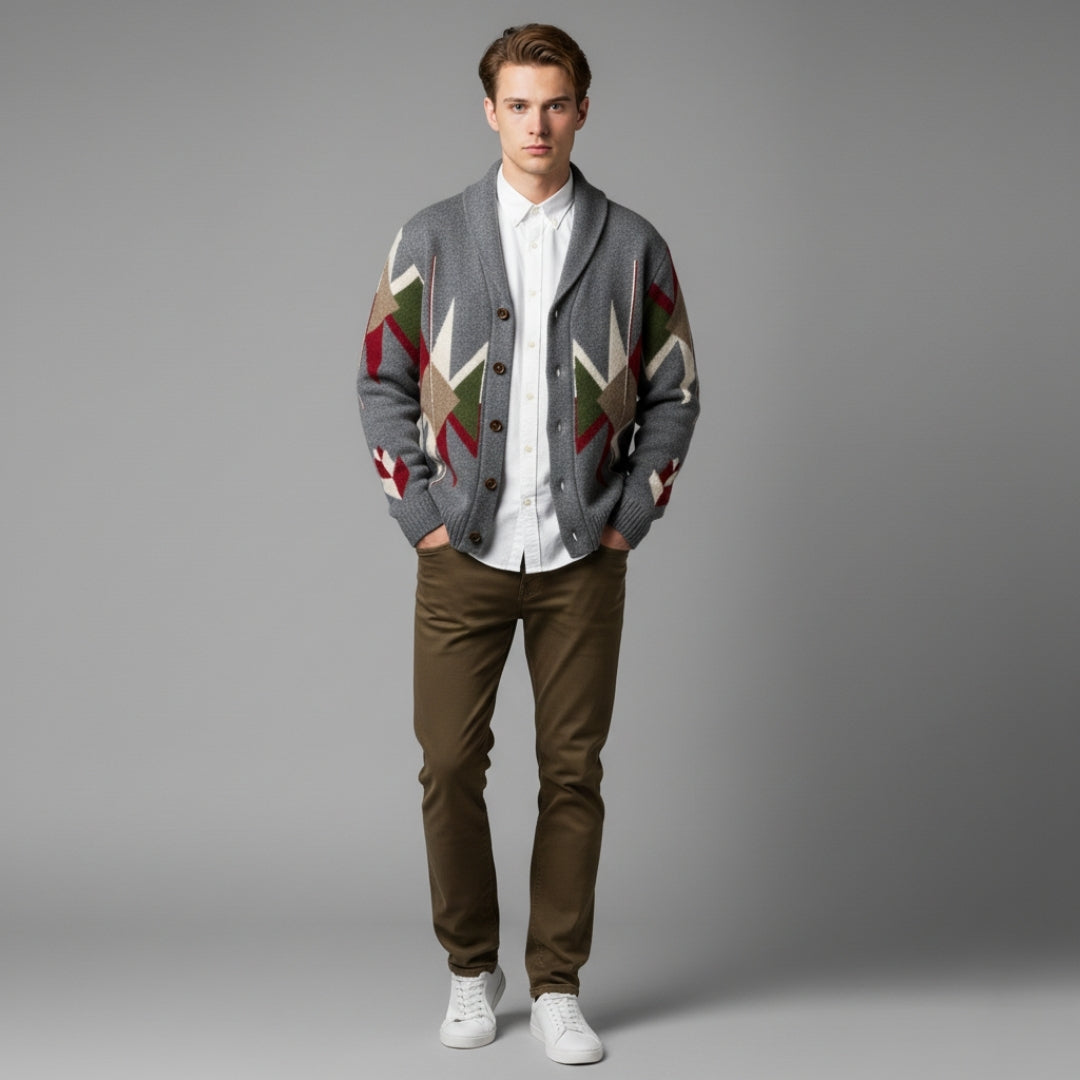 Men’s Vintage Jacquard Knit Cardigan with Button Closure