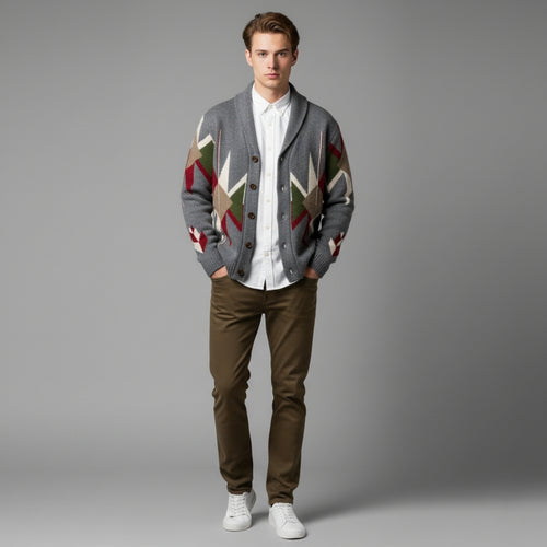 Men’s Vintage Jacquard Knit Cardigan with Button Closure