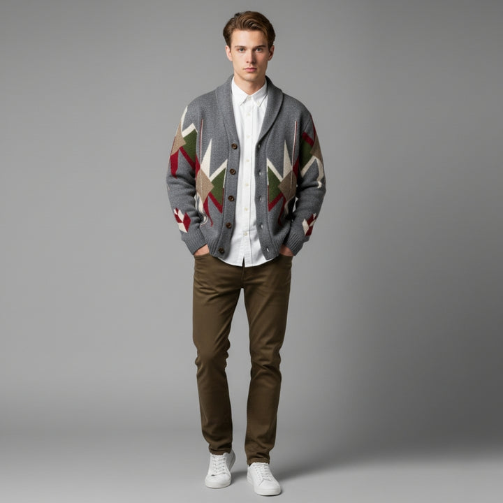 Men’s Vintage Jacquard Knit Cardigan with Button Closure