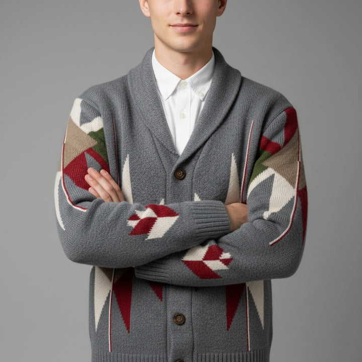 Men’s Vintage Jacquard Knit Cardigan with Button Closure