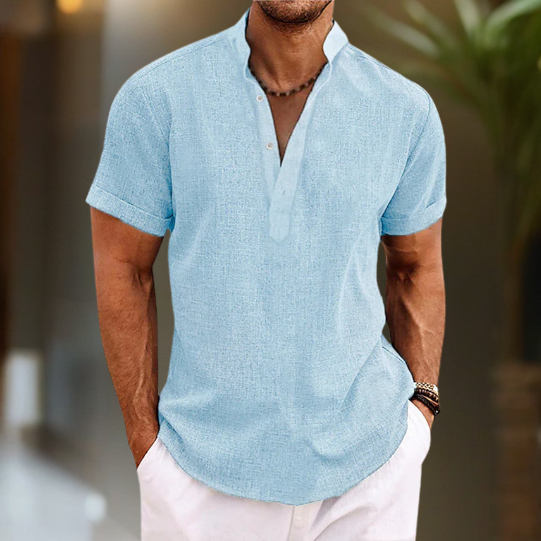 Men’s Breathable Linen Shirt – Stylish Henley Collar with Short Sleeves 0