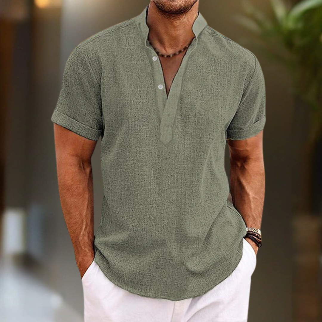 Men’s Breathable Linen Shirt – Stylish Henley Collar with Short Sleeves 7