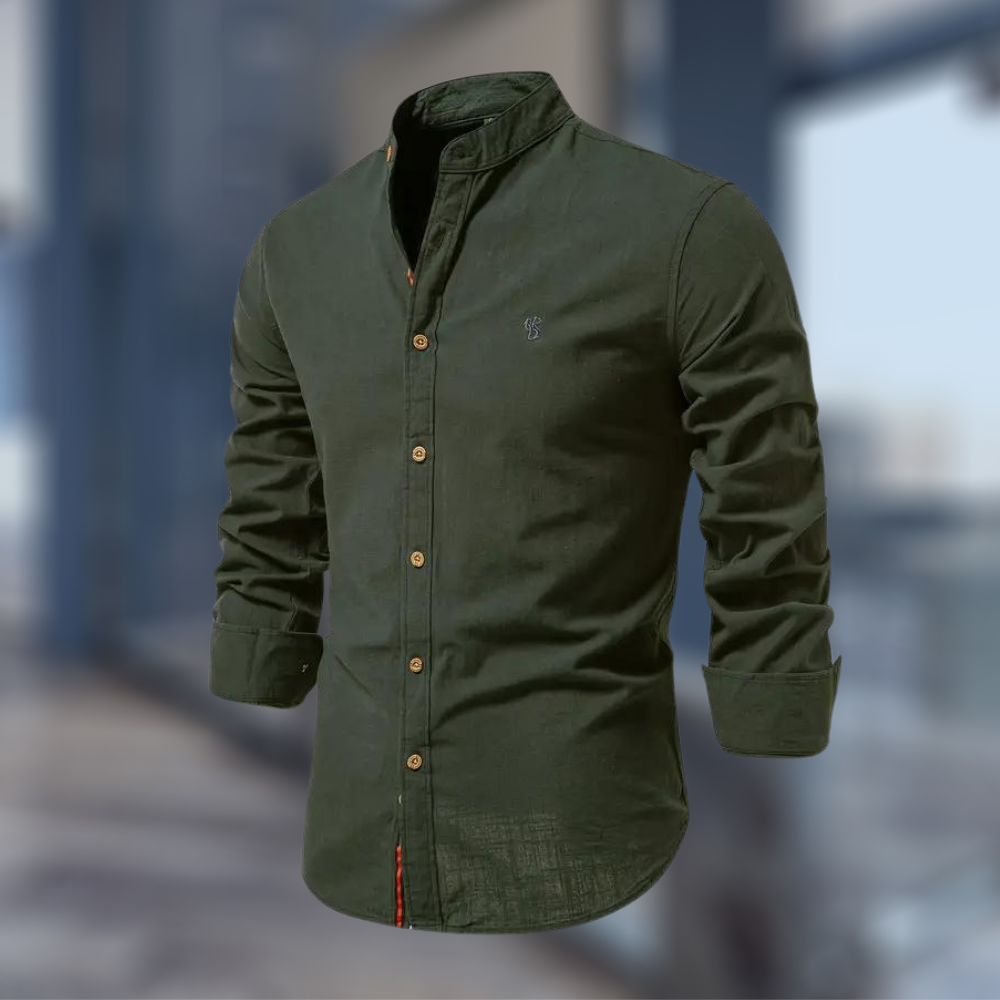 Men’s Casual Long Sleeve Shirt with Stand-Up Collar and Regular Fit 0