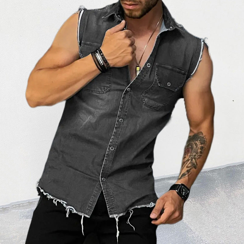 Men's Casual Sleeveless Denim Shirt with Button Closure and Slim Fit 2