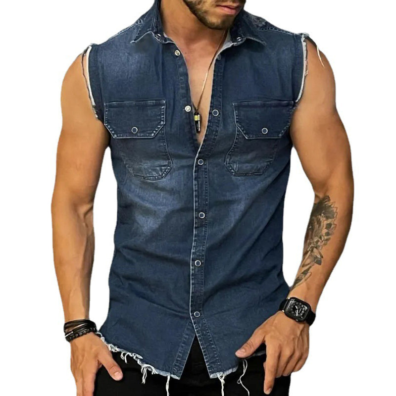 Men's Casual Sleeveless Denim Shirt with Button Closure and Slim Fit 3
