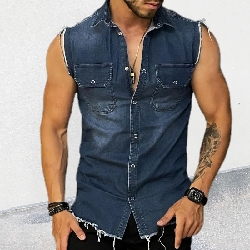 Men's Casual Sleeveless Denim Shirt with Button Closure and Slim Fit 4