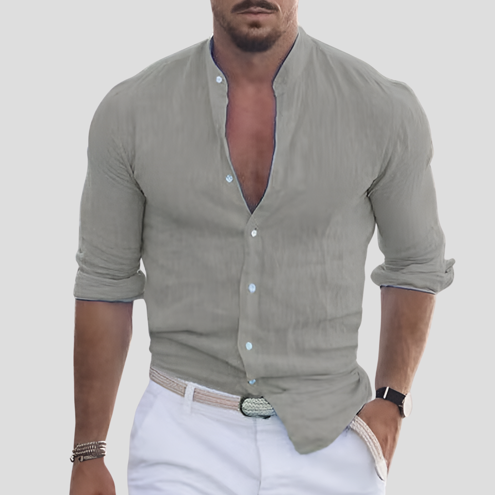 Men’s Lightweight Casual Button-Up Shirt with Short Sleeves and Mandarin Collar 3