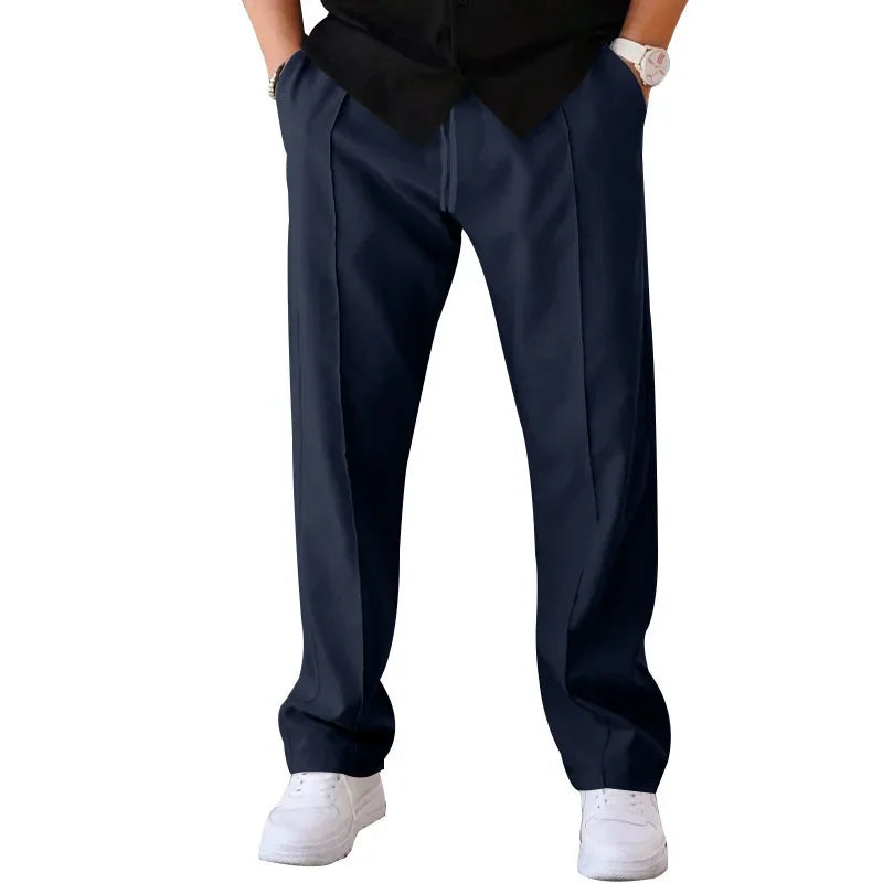 Men's Relaxed Fit Straight Leg Trousers with Drawstring and Side Pockets 0