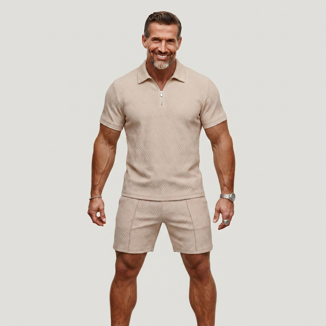 Men’s Summer Casual Polo Shirts and Shorts Set – Modern Zip Design for Effortless Style 1