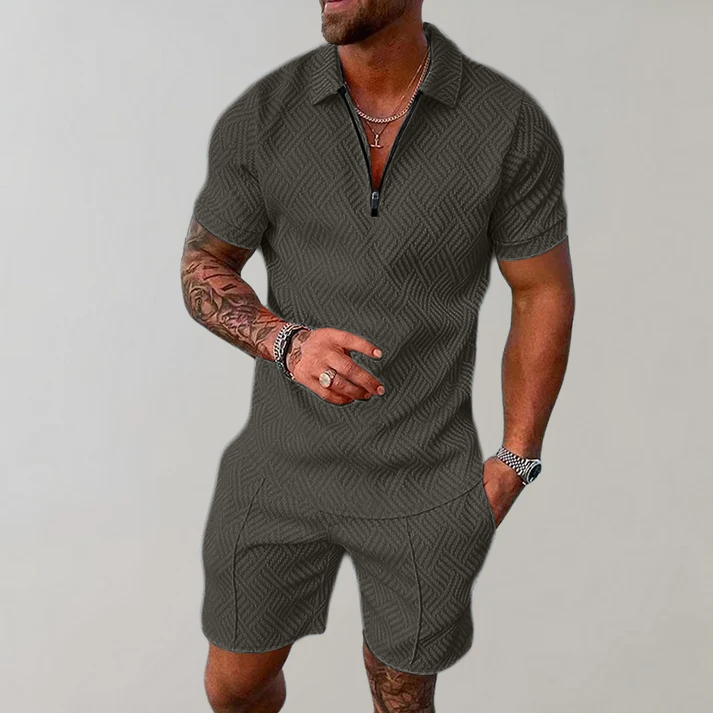 Men’s Summer Casual Polo Shirts and Shorts Set – Modern Zip Design for Effortless Style 2