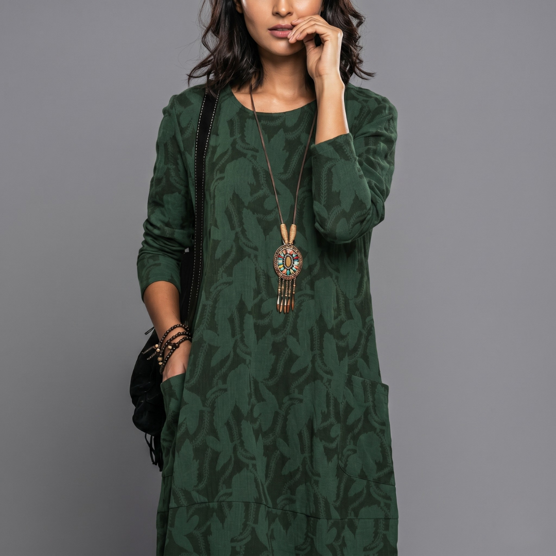 Close-up of dark green midi dress fabric texture and side pocket design