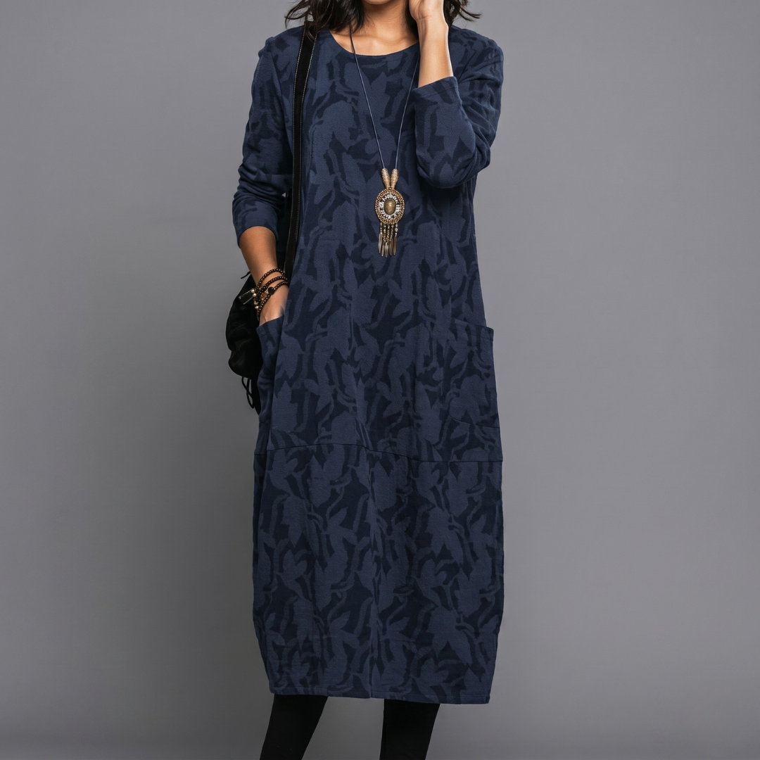 Navy blue long sleeve midi dress with leafy jacquard pattern and side pockets