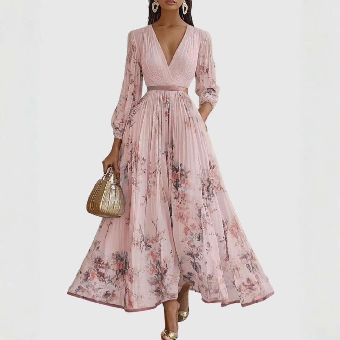 Light pink pleated midi dress with V-neck and floral pattern