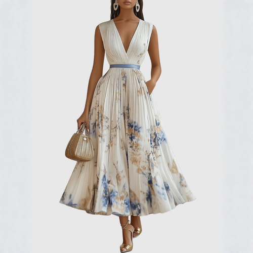 Mint Green Pleated Midi Dress | Deep V-Neck A-Line Chiffon Evening Gown
