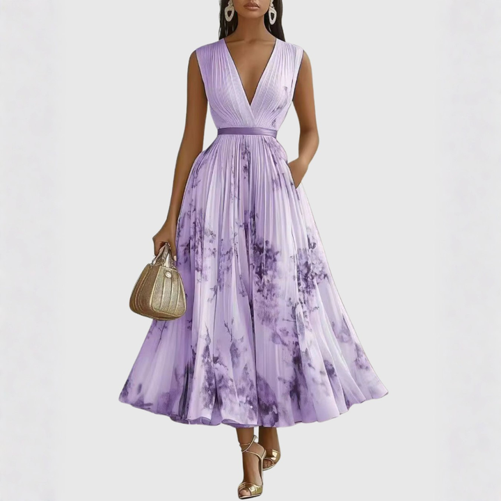 Lavender sleeveless pleated midi dress with purple watercolor floral print