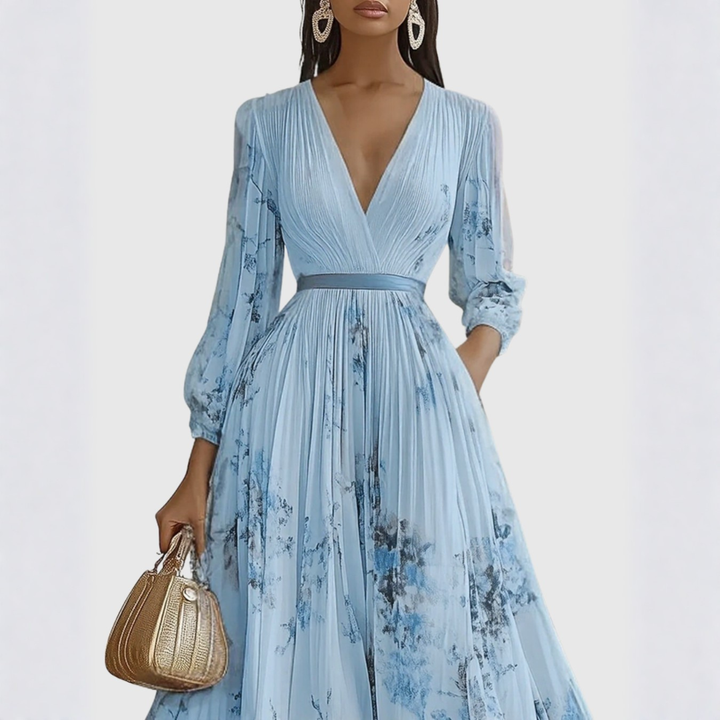 Light blue long-sleeve pleated midi dress with subtle floral design