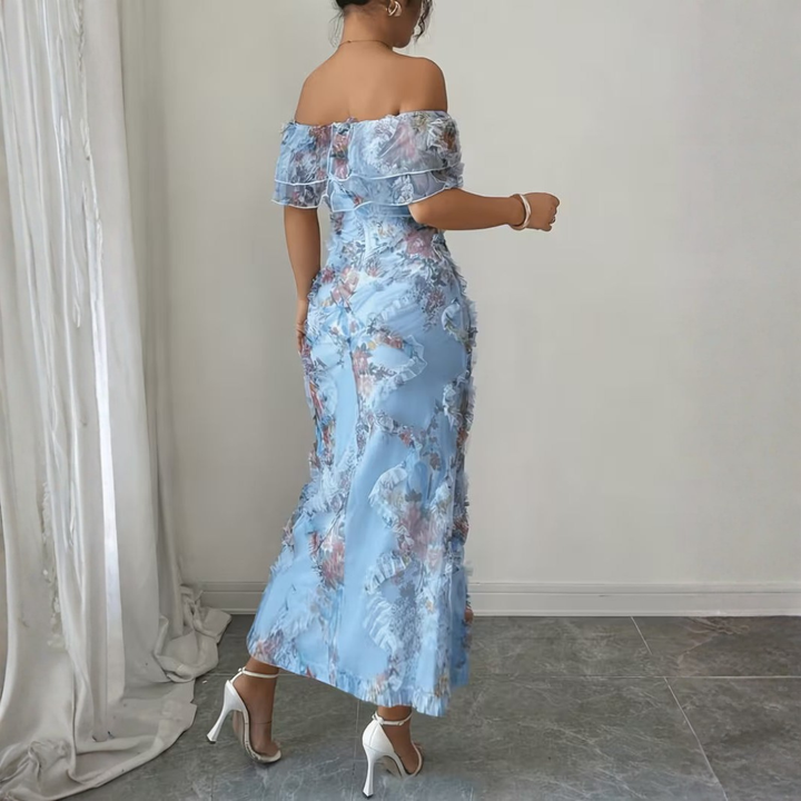 Light blue floral off-shoulder maxi dress with layered ruffle flounce back detail