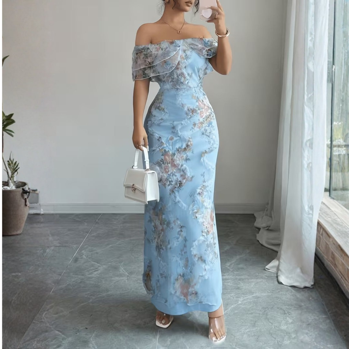 Light blue floral off-shoulder maxi dress with fitted bodice and ruffled overlay
