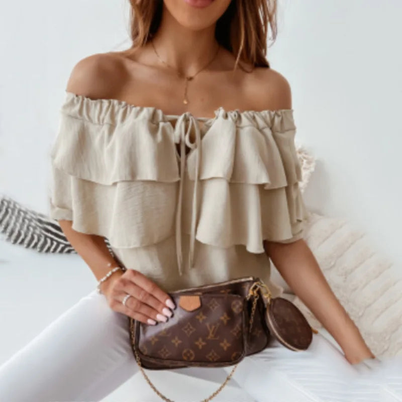 Beige short-sleeve off-shoulder blouse with tiered ruffle layers