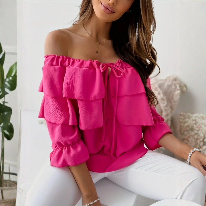 Hot pink satin finish off-shoulder blouse with crinkled texture