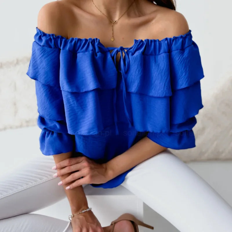 Royal blue tie-front off-shoulder blouse with layered ruffles