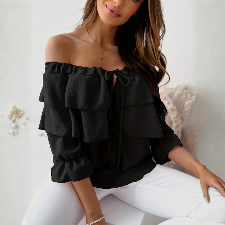 Black smooth fabric off-shoulder blouse with three-quarter ruffle sleeves