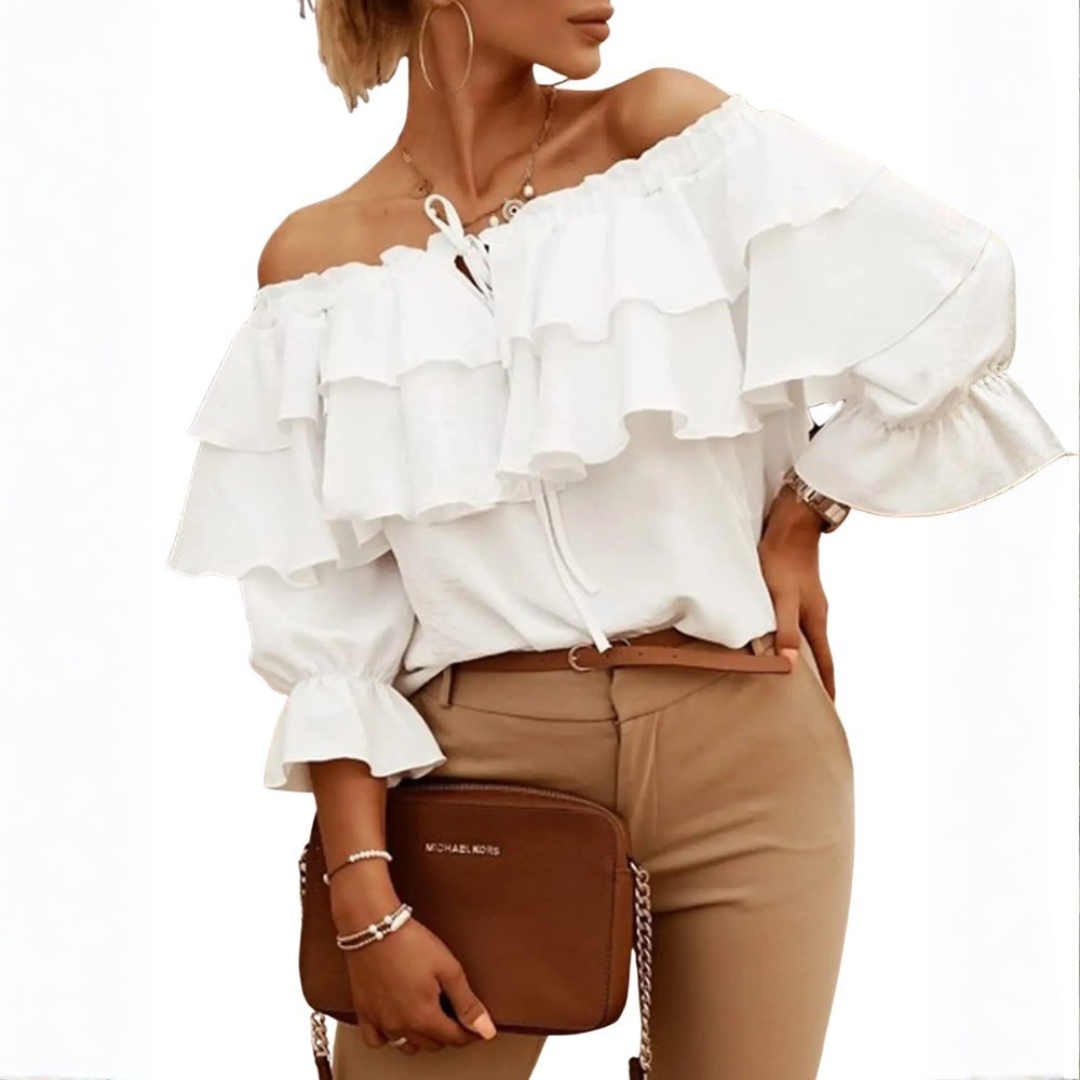 White tiered ruffle off-shoulder blouse with front tie detail